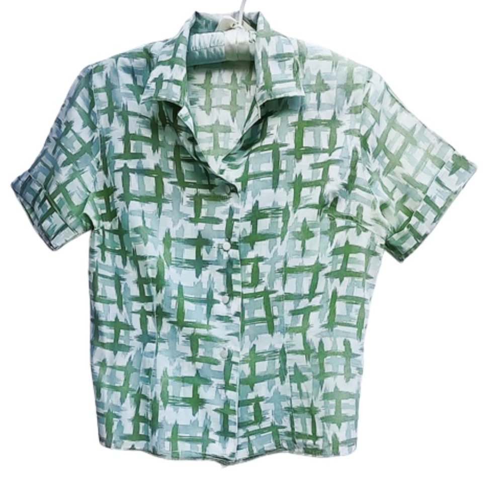 Green Print 1960s Vintage Fitted Short Sleeve Nylon Blouse Button Front - Picture 3 of 11